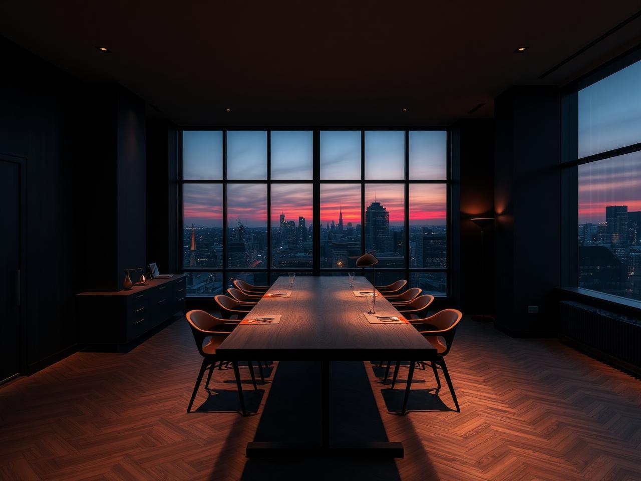Pentest Penthouse loft with long table and a view of the Frankfurt skyline