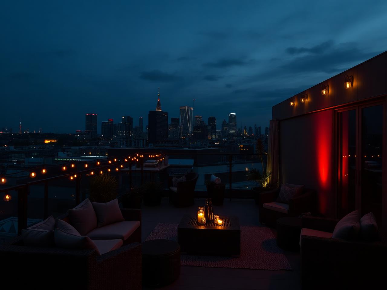 Penthouse rooftop terrace at dusk with lounge furniture