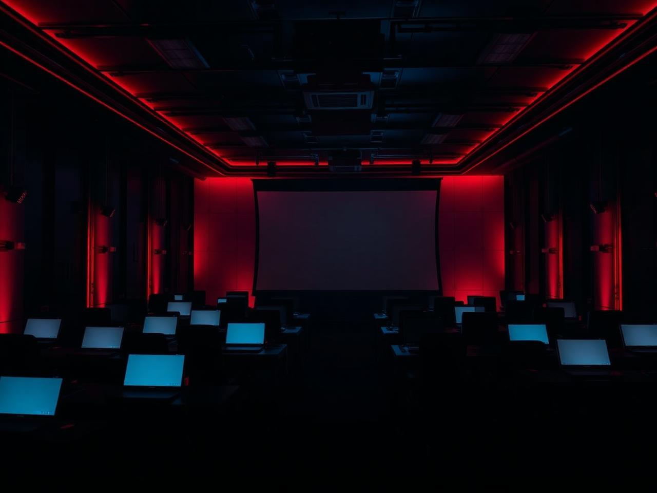 Workshop room with laptops and a large screen for hands-on training